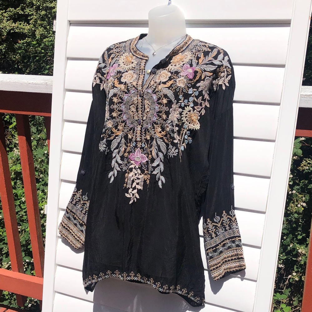 Johnny Was Black Embroidered Boho Tunic with Cream & Pink Accents - Picture 3 of 8